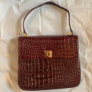 Vintage Lord and Taylor Croc Embossed Leather Shoulder Bag Burgundy Wine Gold